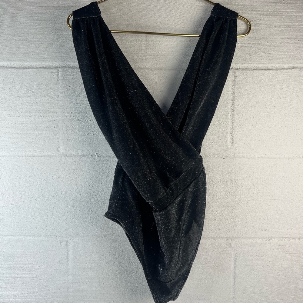Superdown Black Shimmed Deep V Bodysuit, Small